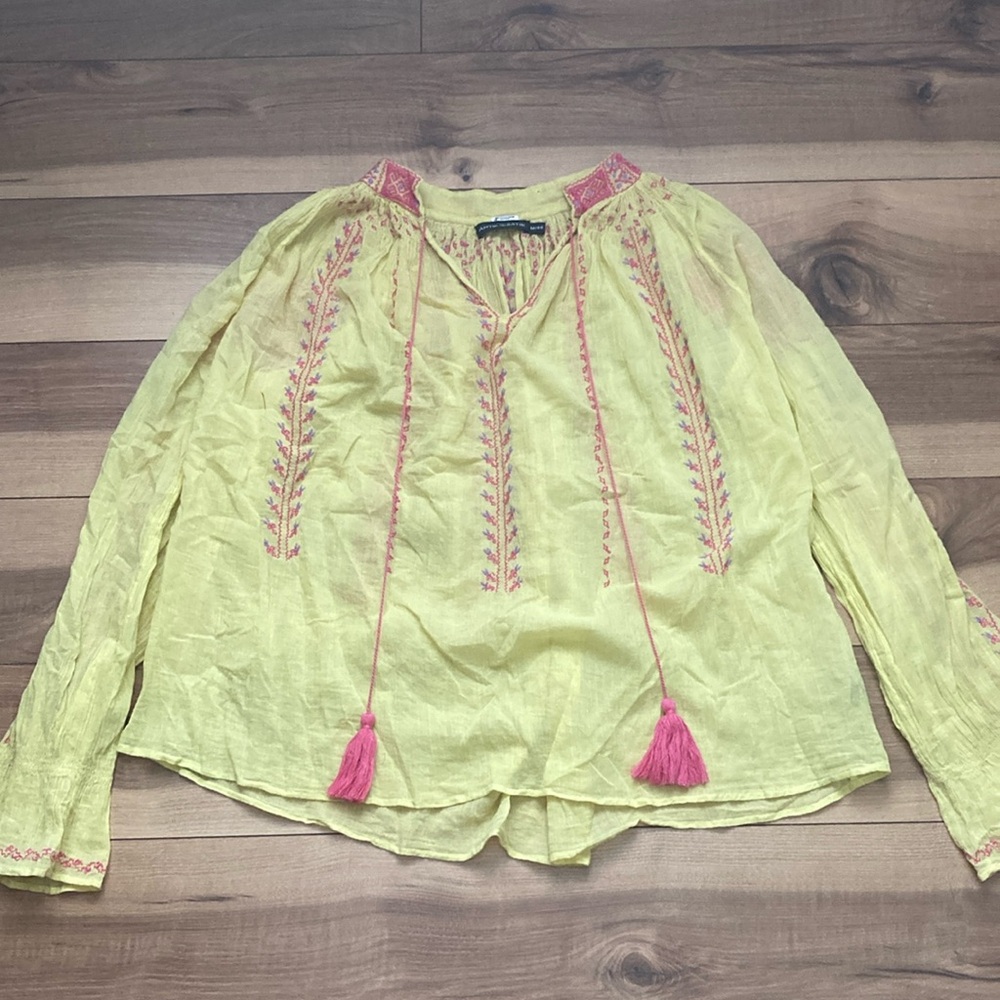 Antik Batik Yellow Boho Embroidered Tassel Blouse with Pink Accents
